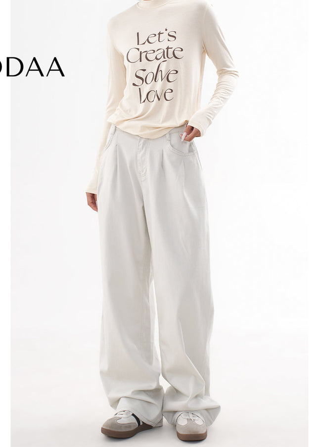 Beige Loose Drap Casual Wide-Leg Jeans for Women - Women’s Jeans