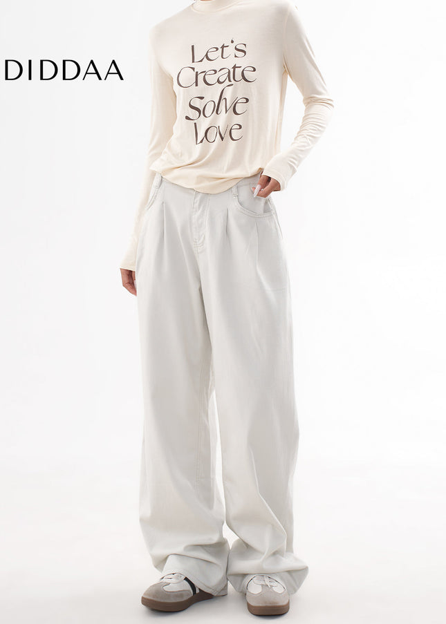 Beige Loose Drap Casual Wide-Leg Jeans for Women - Women’s Jeans