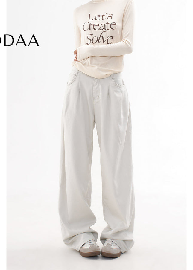 Beige Loose Drap Casual Wide-Leg Jeans for Women - XS / White - Women’s Jeans