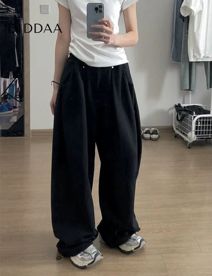 Beige Loose Fit Baggy Sweatpants Women Y2K Streetwear - Black / S - Unisex Sweatpants