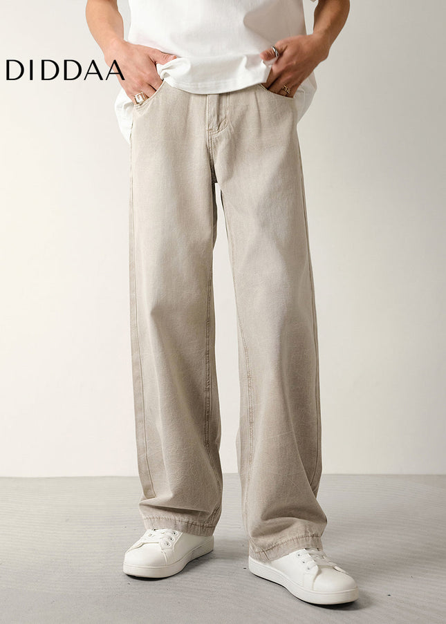 Beige Loose Fit Beaded Canvas Jeans for Men - Men’s Jeans