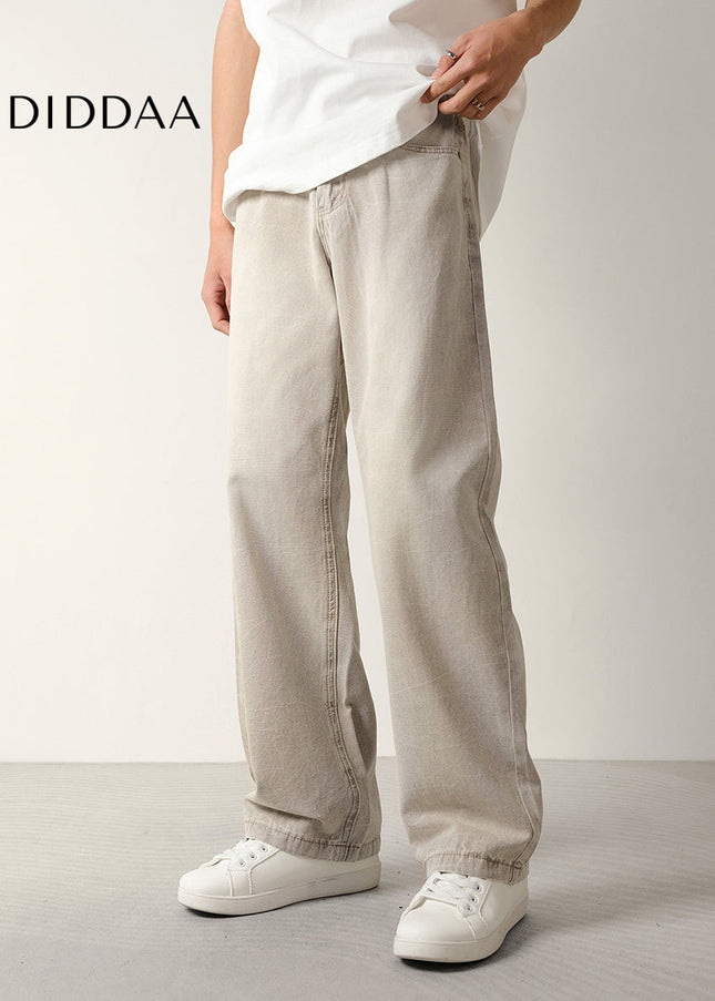 Beige Loose Fit Beaded Canvas Jeans for Men - Men’s Jeans