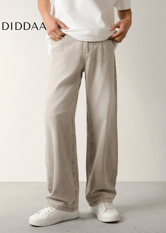 Beige Loose Fit Beaded Canvas Jeans for Men - Men’s Jeans