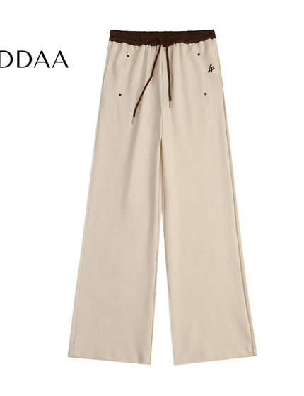 Beige Loose Fit Contrast Stitching Wide Leg Sweatpants - S / Khaki - Unisex Sweatpants