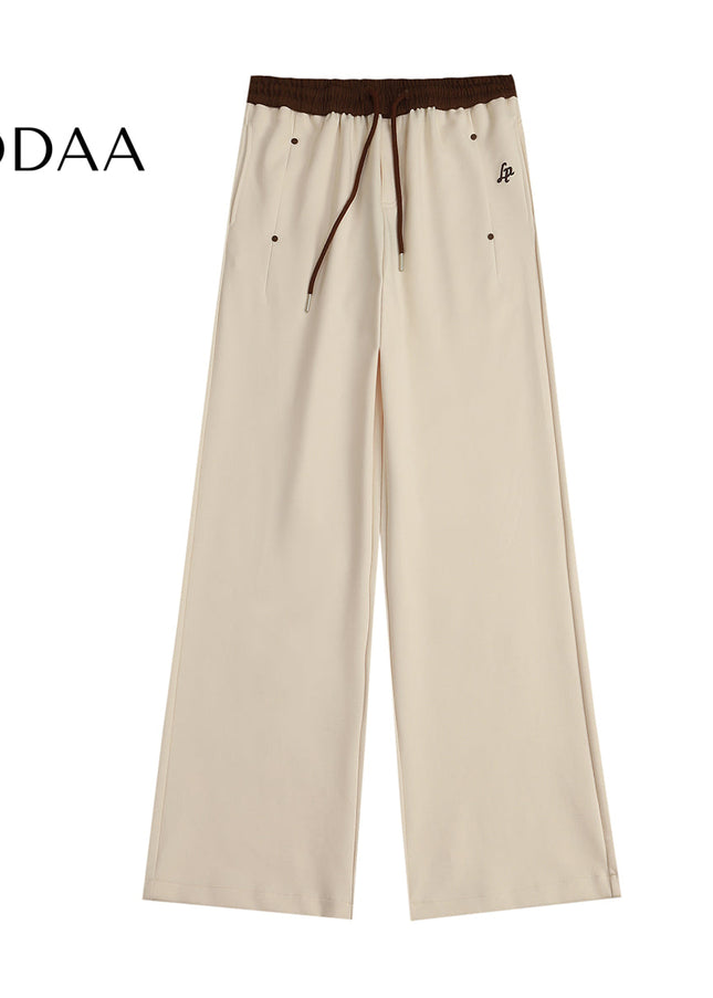 Beige Loose Fit Contrast Stitching Wide Leg Sweatpants - S / Khaki - Unisex Sweatpants