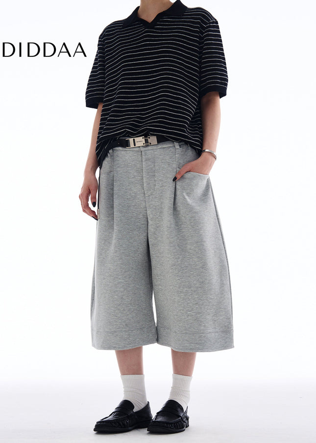 Beige Loose Fit Cropped Wide-leg Pants for Men and Women - Unisex Sweatpants