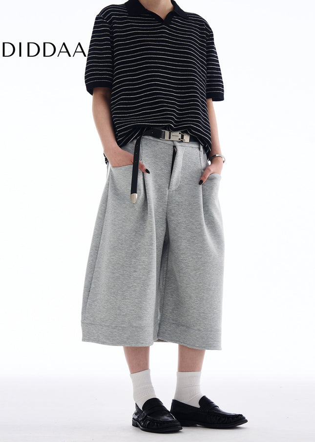 Beige Loose Fit Cropped Wide-leg Pants for Men and Women - Unisex Sweatpants