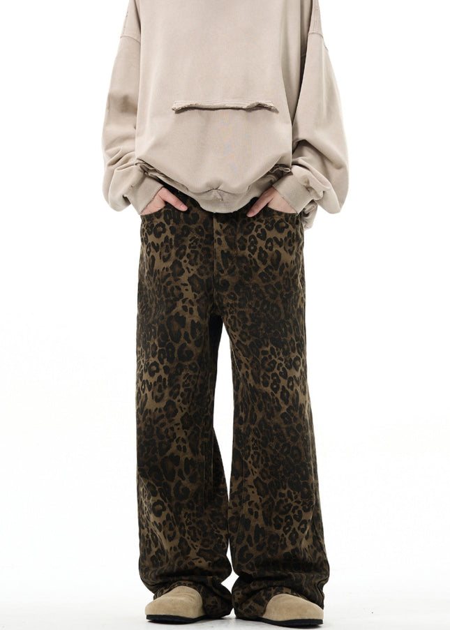 Beige Loose Fit Leopard Print Straight Leg Jeans - Men’s Jeans