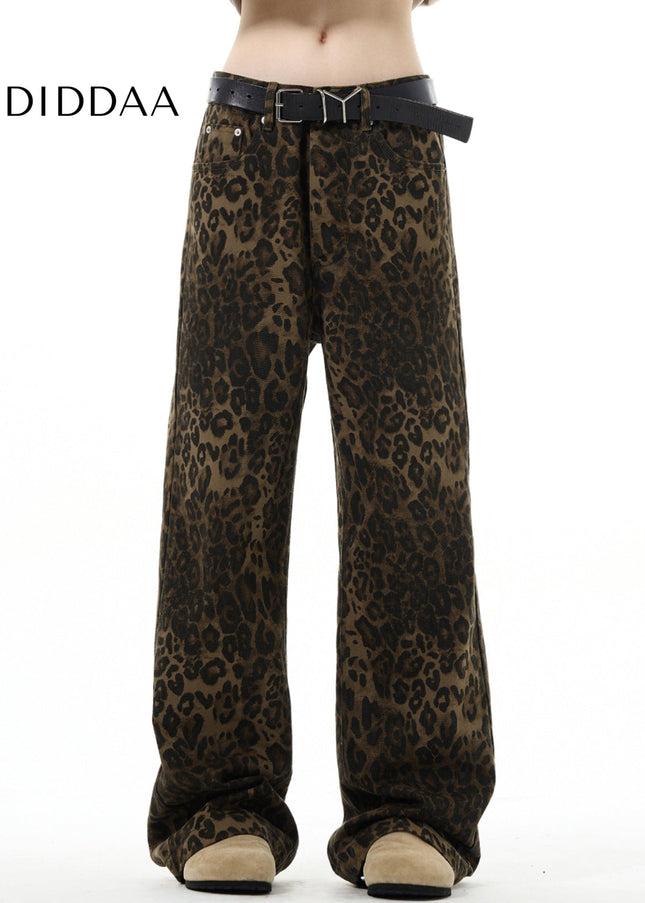 Beige Loose Fit Leopard Print Straight Leg Jeans - Men’s Jeans