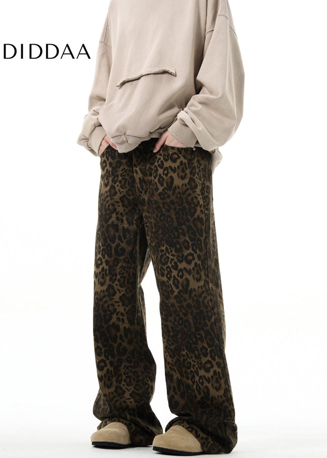 Beige Loose Fit Leopard Print Straight Leg Jeans - Men’s Jeans