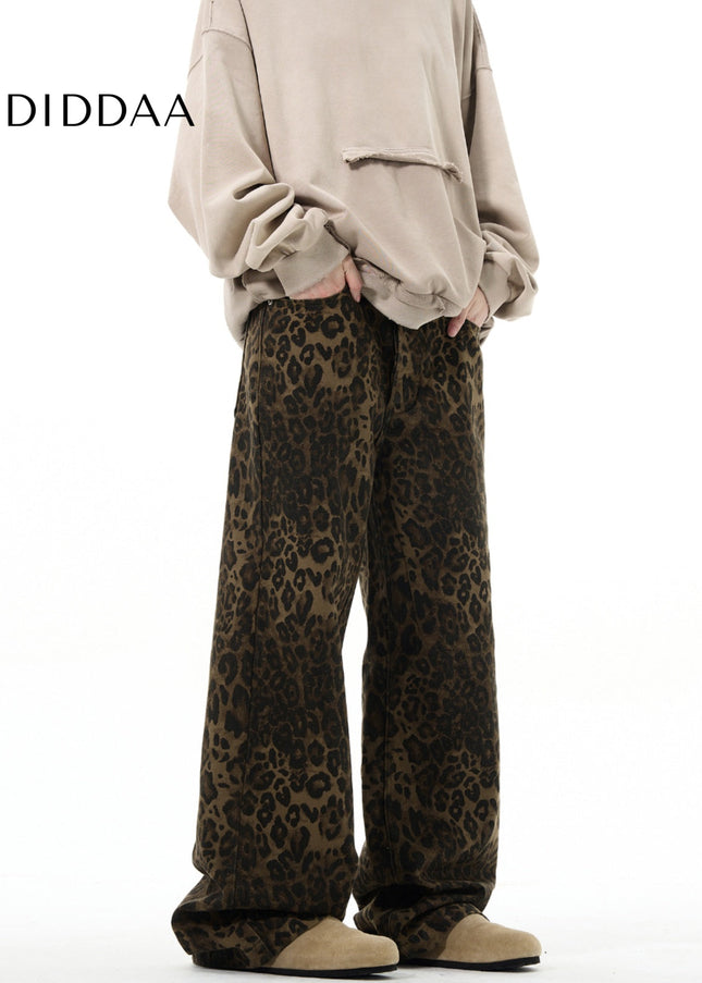 Beige Loose Fit Leopard Print Straight Leg Jeans - Men’s Jeans