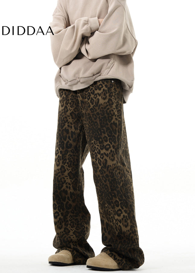 Beige Loose Fit Leopard Print Straight Leg Jeans - Men’s Jeans