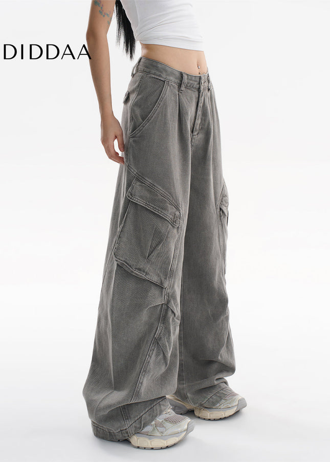 Beige Loose Fit Multi-Pocket Wide Leg Jeans - Women’s Jeans