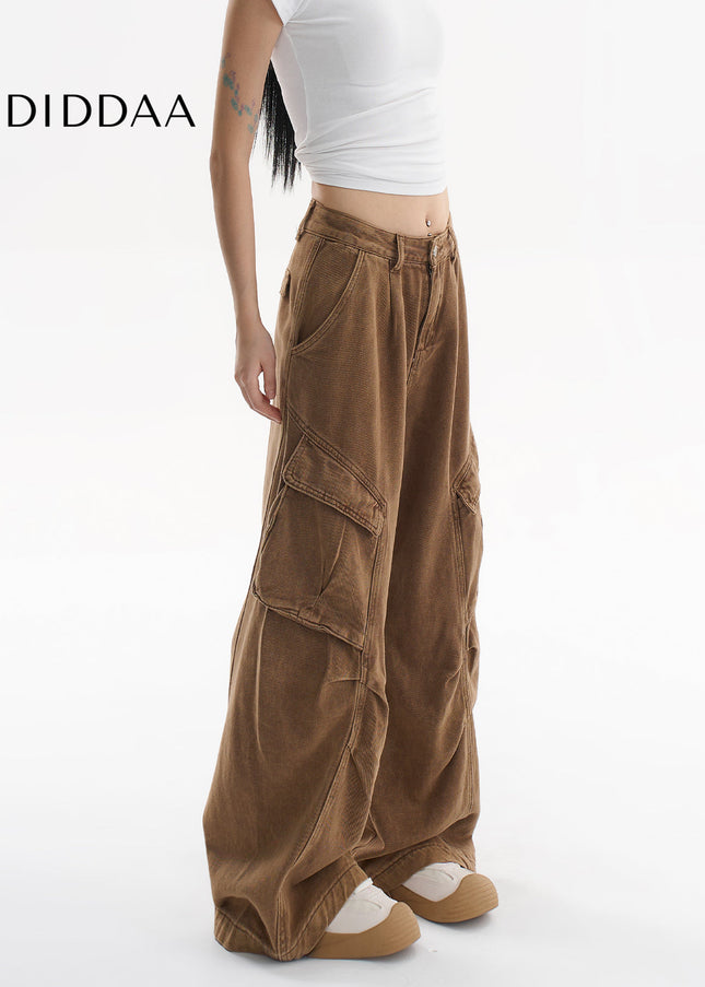 Beige Loose Fit Multi-Pocket Wide Leg Jeans - Women’s Jeans