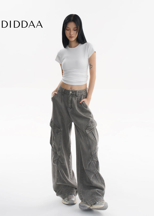 Beige Loose Fit Multi-Pocket Wide Leg Jeans - Women’s Jeans