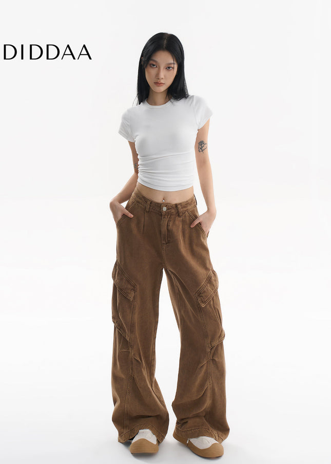 Beige Loose Fit Multi-Pocket Wide Leg Jeans - Women’s Jeans