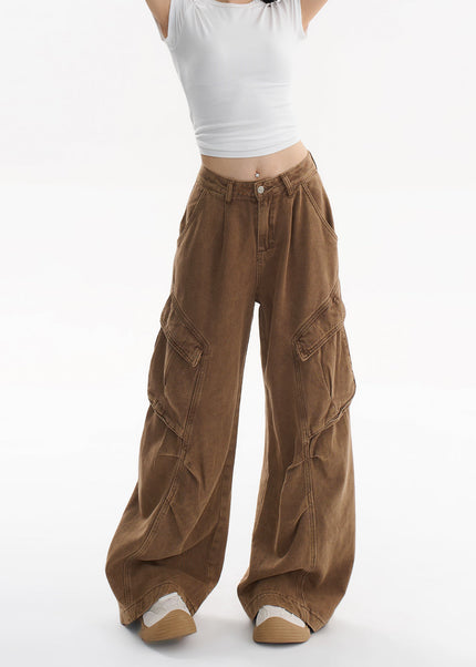Beige Loose Fit Multi-Pocket Wide Leg Jeans - Women’s Jeans