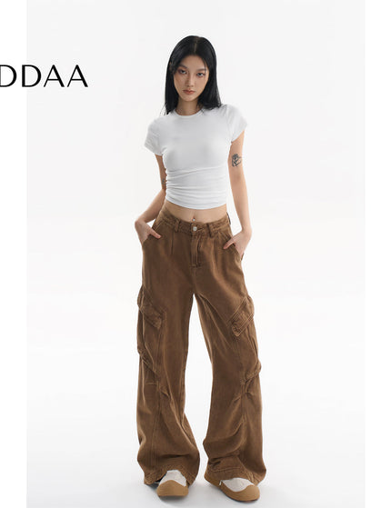 Beige Loose Fit Multi-Pocket Wide Leg Jeans - XS / Brown - Women’s Jeans