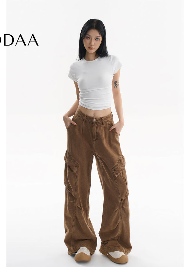 Beige Loose Fit Multi-Pocket Wide Leg Jeans - XS / Brown - Women’s Jeans