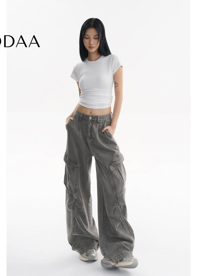 Beige Loose Fit Multi-Pocket Wide Leg Jeans - XS / Grey - Women’s Jeans