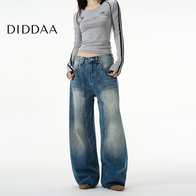 Beige Loose Fit Retro Niche Scimitar Pants - S / Mid Blue - Women’s Jeans