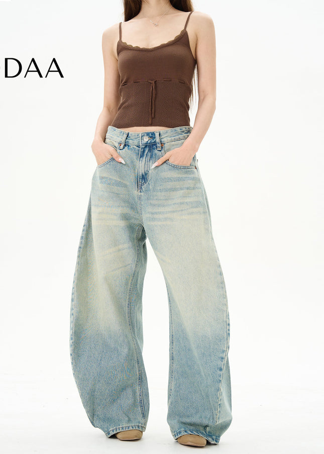 Beige Loose Fit Scimitar Pants for Couples - S / Light Blue - Women’s Jeans