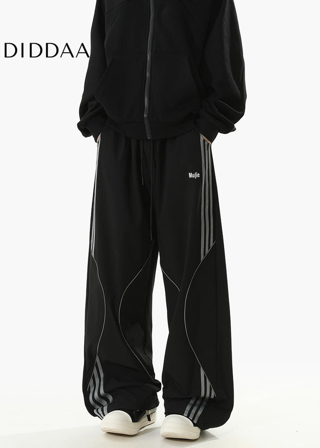 Beige Loose Fit Striped Casual Pants for Men and Women - Unisex Sweatpants