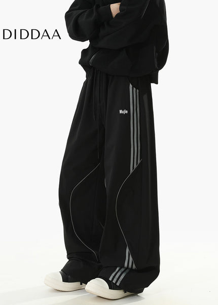 Beige Loose Fit Striped Casual Pants for Men and Women - Unisex Sweatpants