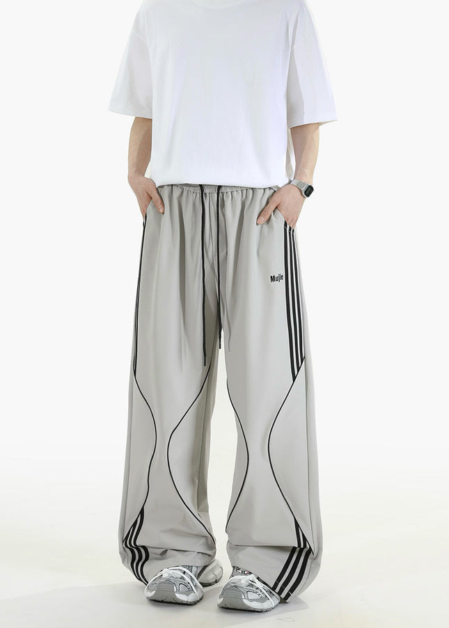 Beige Loose Fit Striped Casual Pants for Men and Women - Unisex Sweatpants