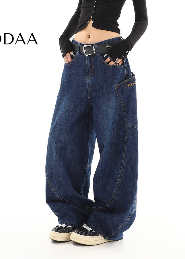 Beige Loose Fit Wide-Leg Mop Trousers with Pockets - S / Dark Blue - Women’s Jeans