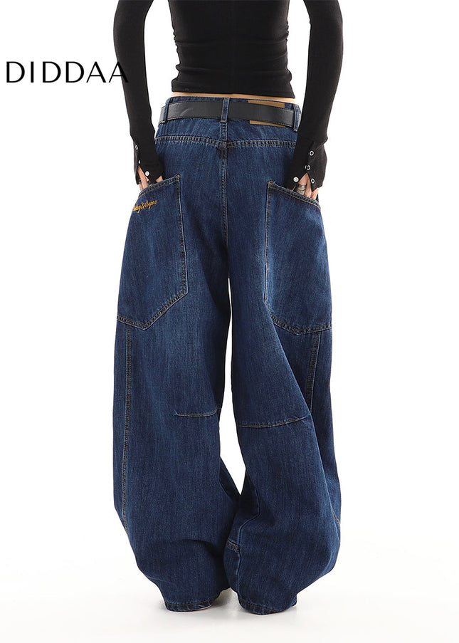 Beige Loose Fit Wide-Leg Mop Trousers with Pockets - Women’s Jeans