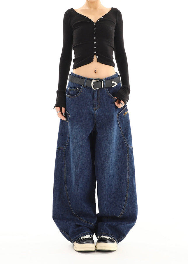 Beige Loose Fit Wide-Leg Mop Trousers with Pockets - Women’s Jeans