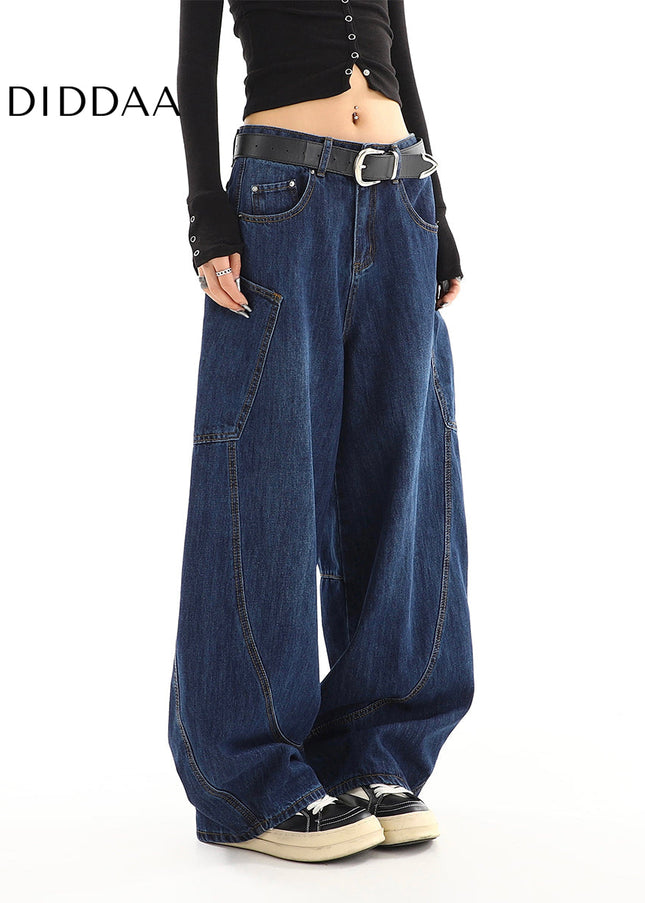 Beige Loose Fit Wide-Leg Mop Trousers with Pockets - Women’s Jeans