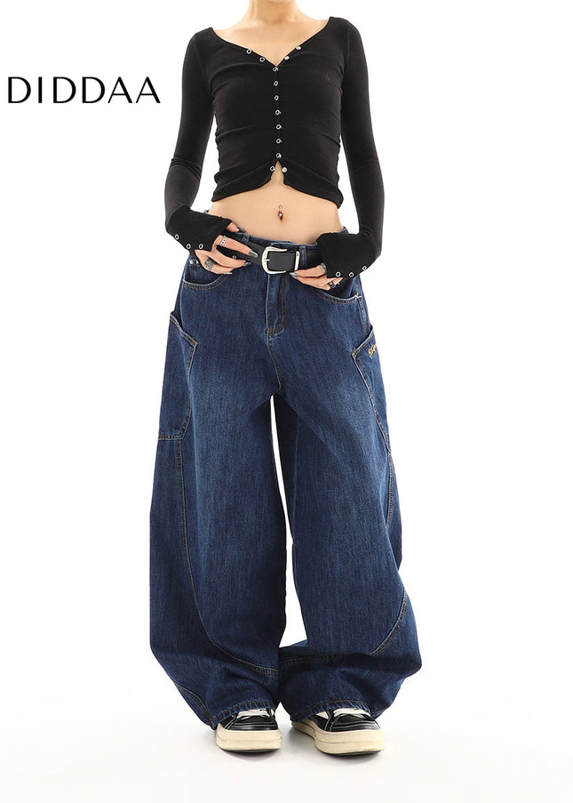 Beige Loose Fit Wide-Leg Mop Trousers with Pockets - Women’s Jeans