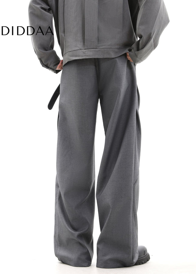 Beige Loose Fit Wide Leg Trousers with Tide Block Pressed Pleats - Unisex Sweatpants