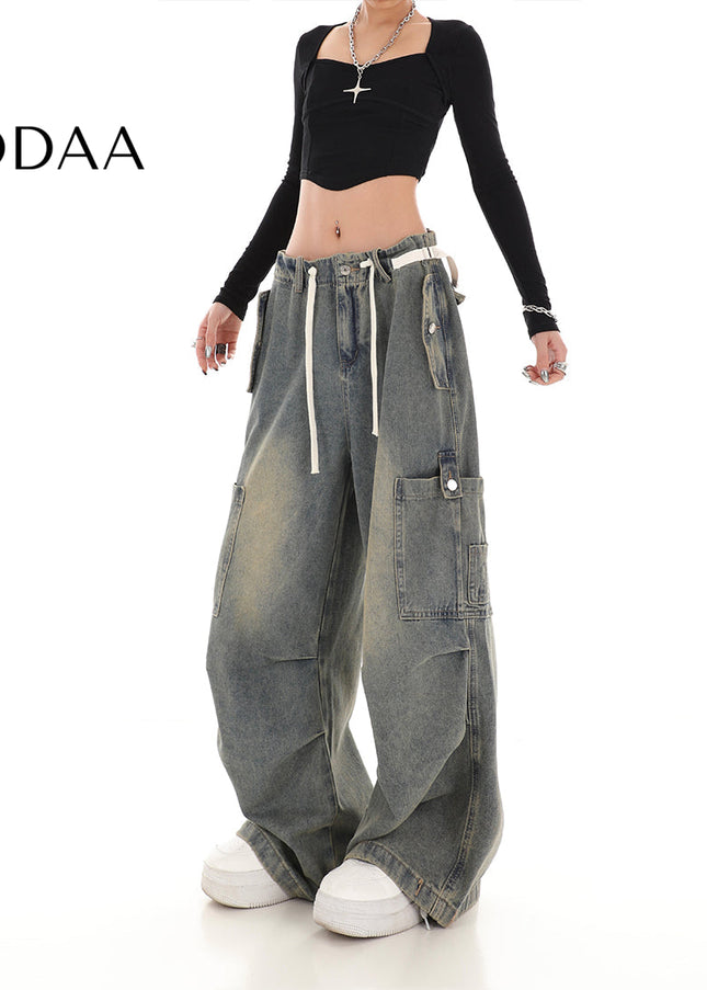 Beige Loose Wide Leg Cargo Jeans with Drawstring Design - S / Vintage Blue - Women’s Jeans