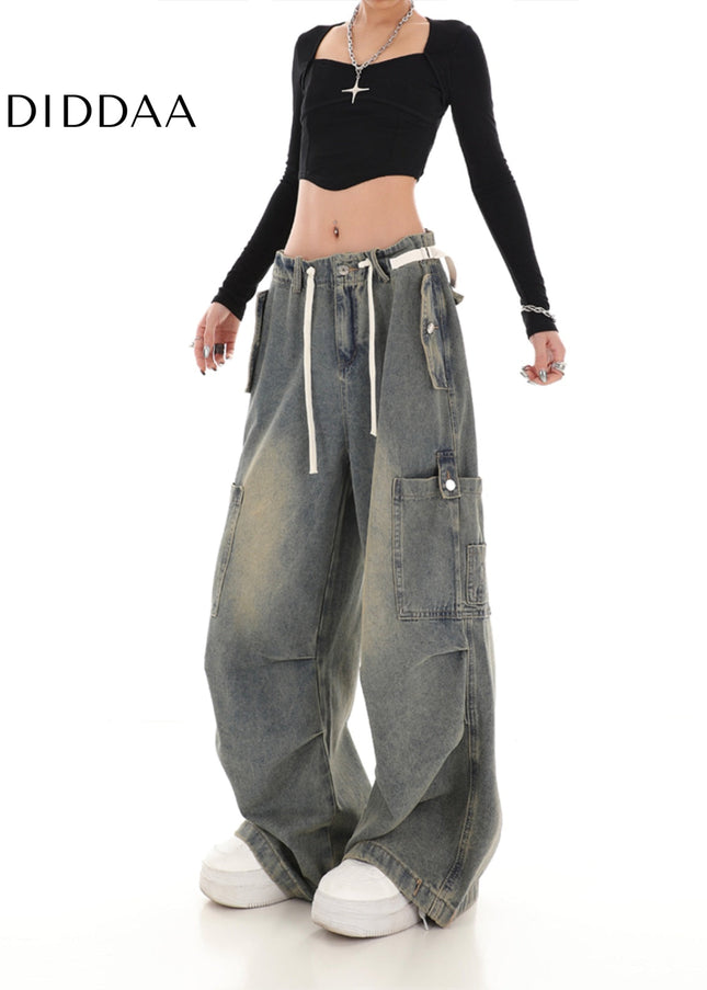 Beige Loose Wide Leg Cargo Jeans with Drawstring Design - Women’s Jeans