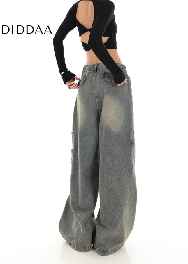 Beige Loose Wide Leg Cargo Jeans with Drawstring Design - Women’s Jeans