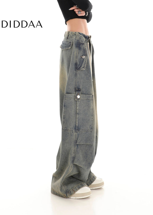 Beige Loose Wide Leg Cargo Jeans with Drawstring Design - Women’s Jeans