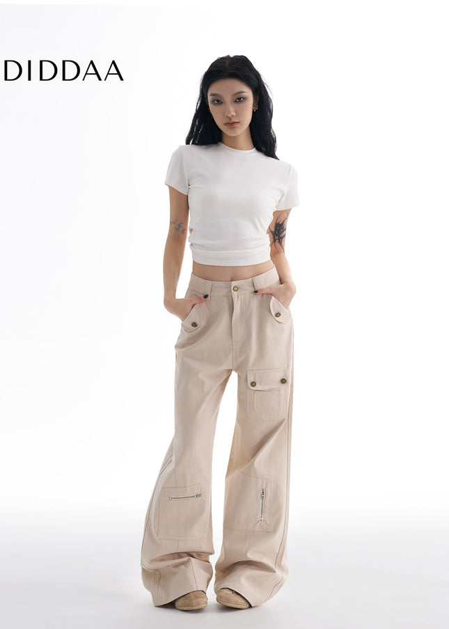 Beige Multi-Pocket Bootcut Cargo Pants for Women - Women’s Jeans
