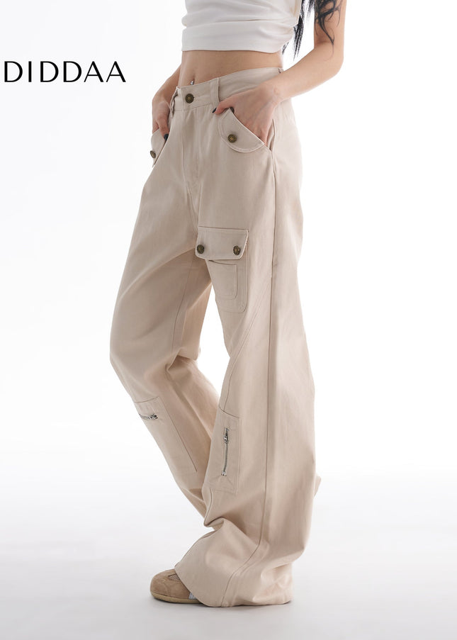 Beige Multi-Pocket Bootcut Cargo Pants for Women - Women’s Jeans