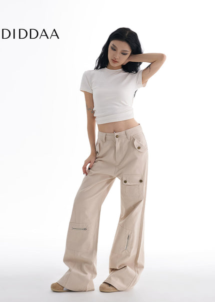 Beige Multi-Pocket Bootcut Cargo Pants for Women - Women’s Jeans