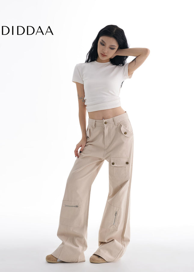 Beige Multi-Pocket Bootcut Cargo Pants for Women - Women’s Jeans