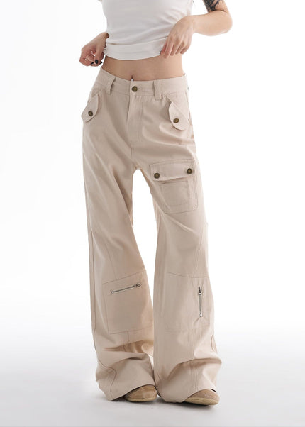 Beige Multi-Pocket Bootcut Cargo Pants for Women - Women’s Jeans