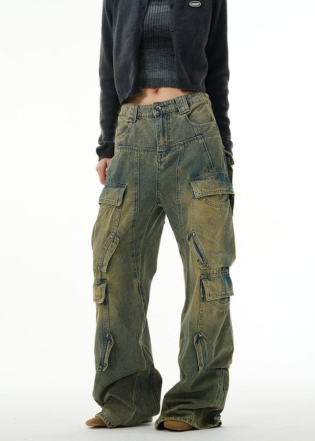 Beige Multi-Pocket Cargo Jeans for Trendy Couples - Women’s Jeans