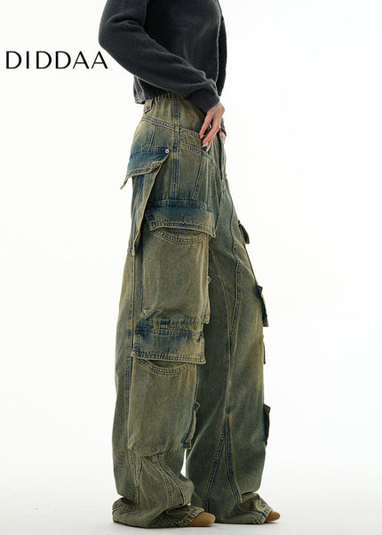 Beige Multi-Pocket Cargo Jeans for Trendy Couples - Women’s Jeans