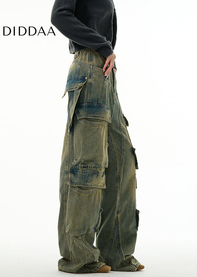 Beige Multi-Pocket Cargo Jeans for Trendy Couples - Women’s Jeans