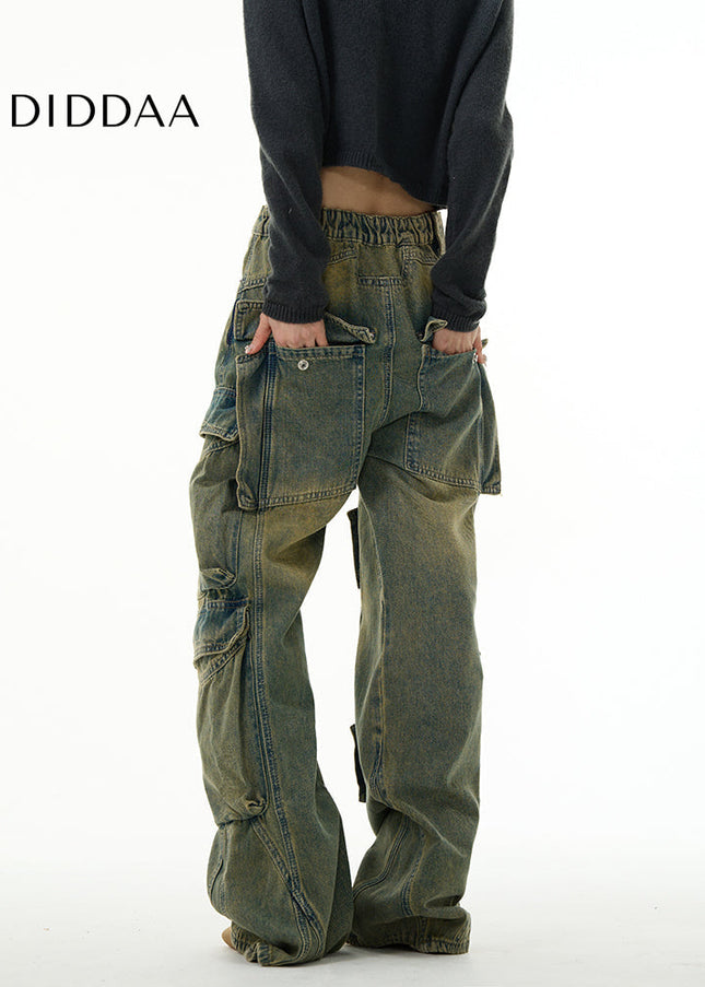 Beige Multi-Pocket Cargo Jeans for Trendy Couples - Women’s Jeans