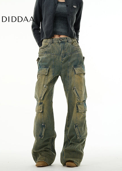 Beige Multi-Pocket Cargo Jeans for Trendy Couples - Women’s Jeans