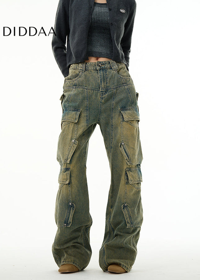 Beige Multi-Pocket Cargo Jeans for Trendy Couples - Women’s Jeans